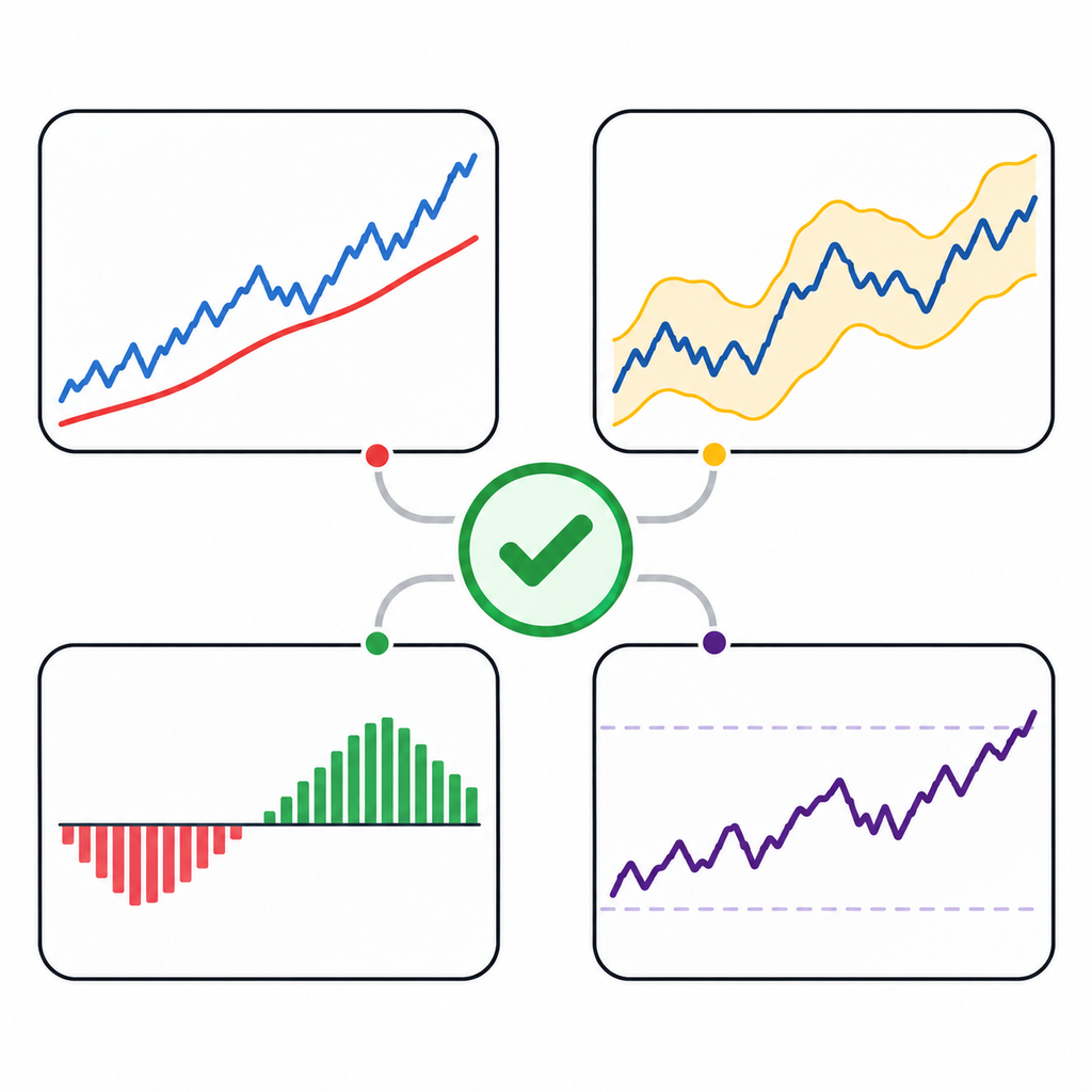 Four market witnesses—trend, volatility, momentum, and strength—combine to support a decision.