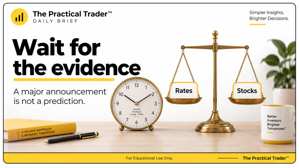 Wait for the evidence: a balanced scale compares rates and stocks beside a clock.