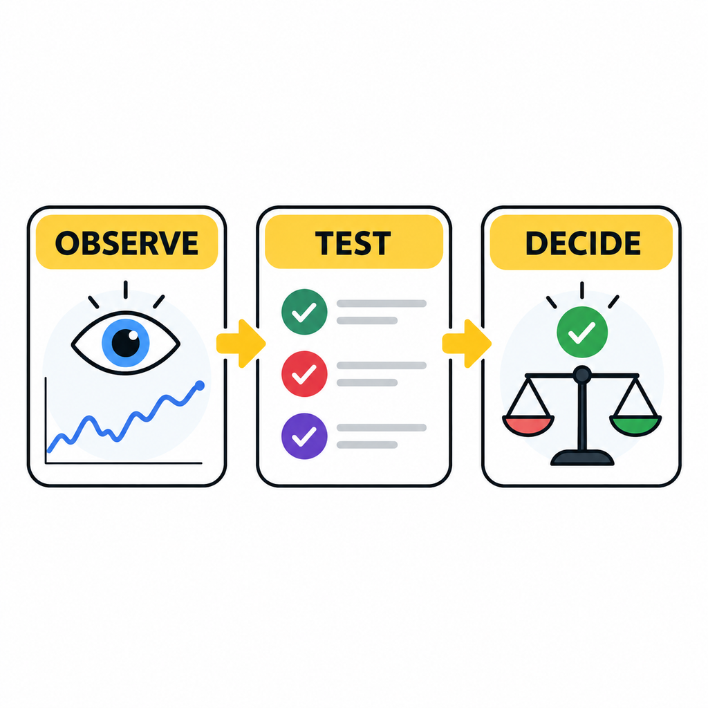 A disciplined decision path moves from Observe to Test to Decide.
