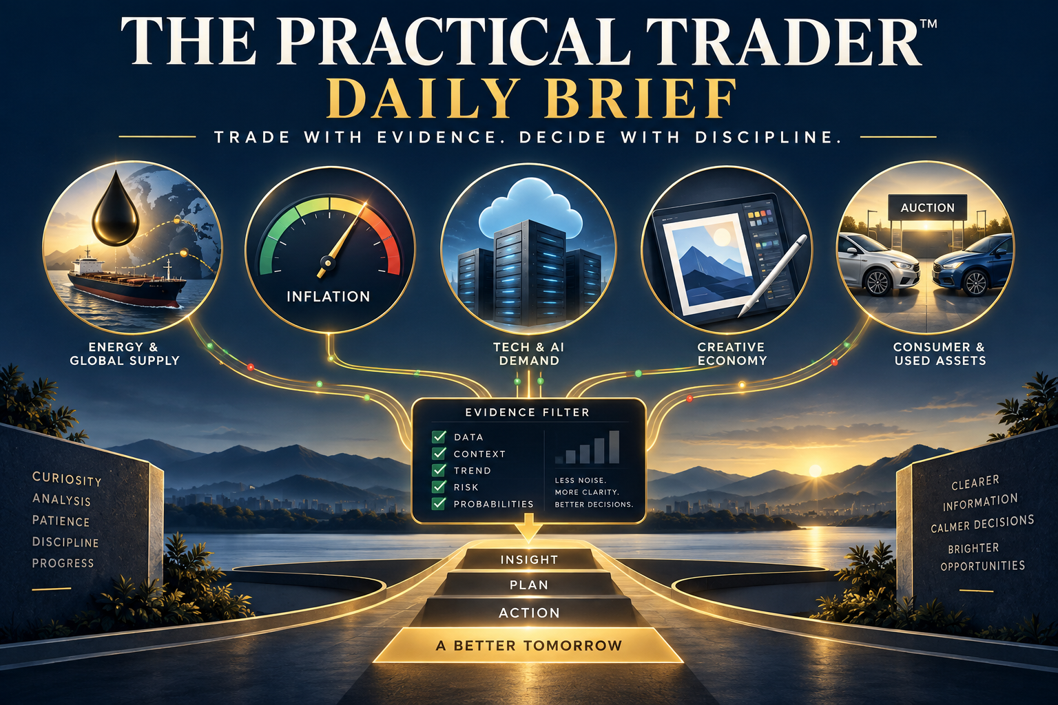 Five market signals—energy, inflation, artificial intelligence, the creative economy and vehicle auctions—flow through an evidence filter toward a disciplined trading plan.